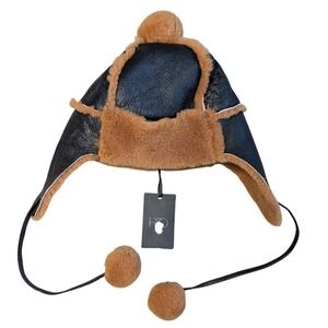 Hiso New with Tag 100% Sheepskin Black Orange Shearling Trapper Hat Winter Warm